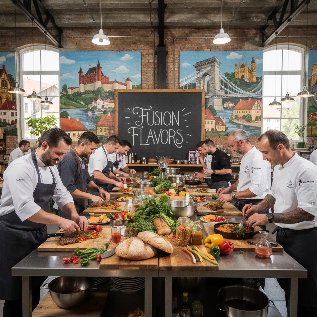 Utcai étkezés tanfolyam, ahol diákok készítenek hamburgert friss hozzávalókból.