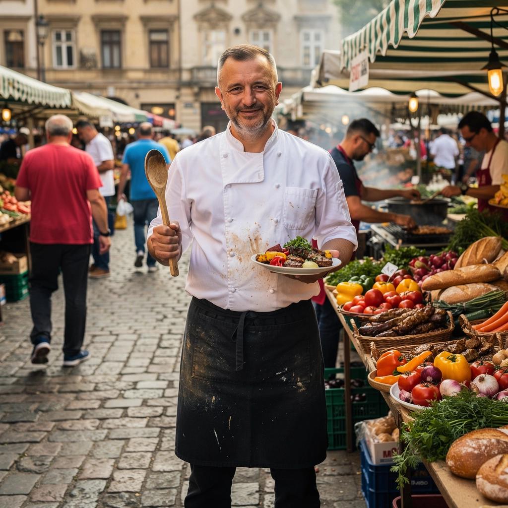 Utcai ételek készítése közben egy szakács friss zöldségeket szeletel egy ételautó konyhájában.