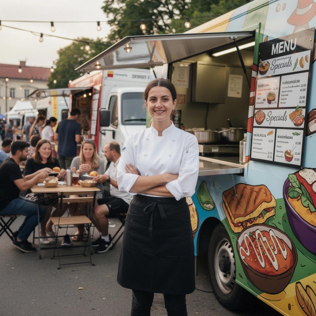 Egy piros ételautó, amely különböző ínycsiklandó hamburgereket és hot dogokat kínál a piacon.